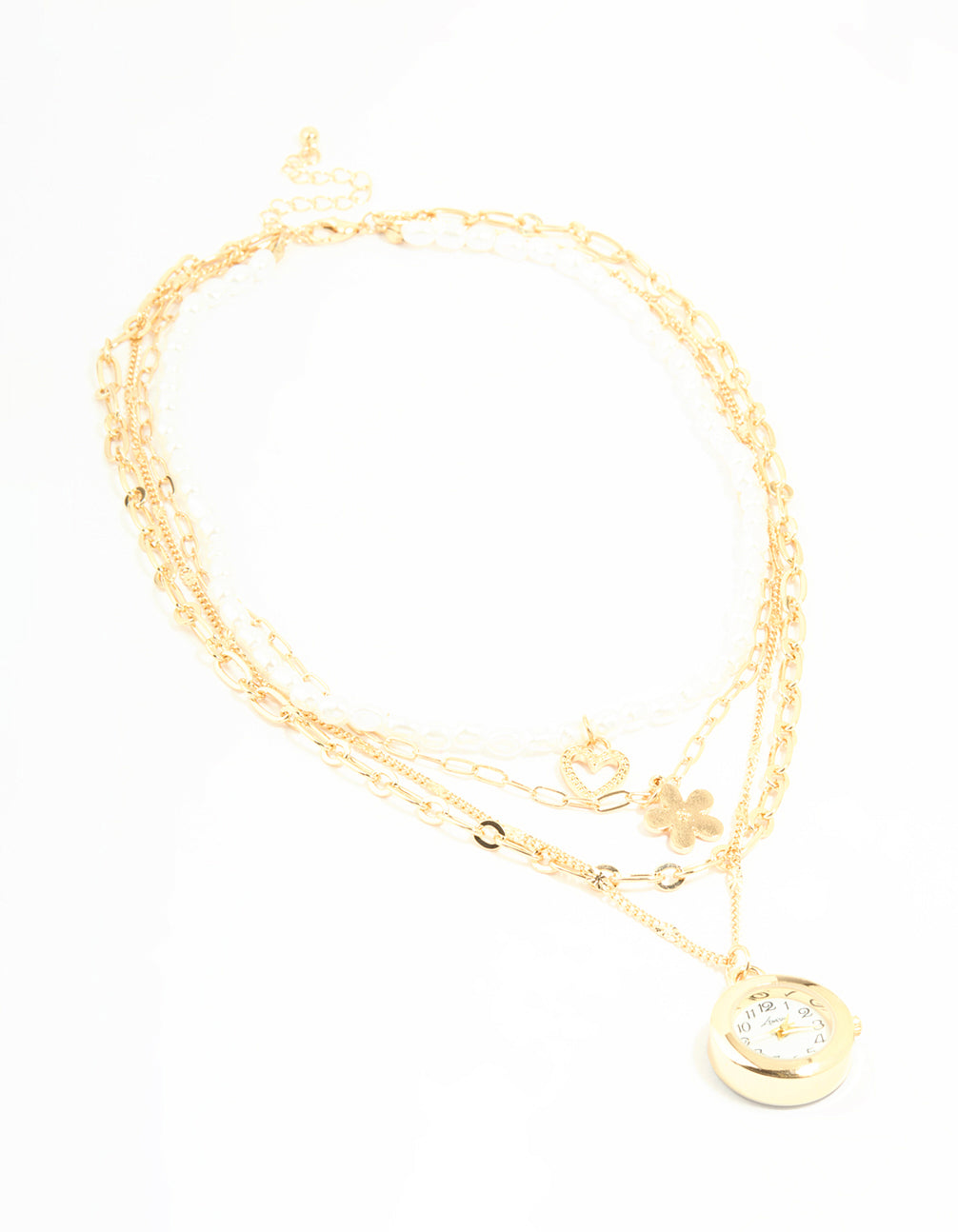 Elegant gold pearl watch and layered necklace featuring floral and heart accents, white dial, number display, round shape for women casual wear, statement pendant style and analog link band timepiece front view