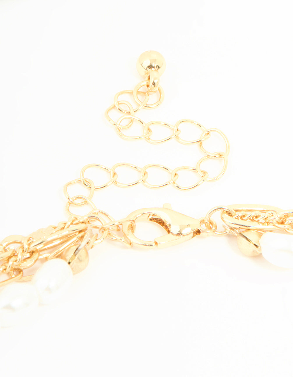 Elegant gold pearl watch and layered necklace featuring floral and heart accents, white dial, number display, round shape for women casual wear, statement pendant style and analog link band timepiece clasp detail view