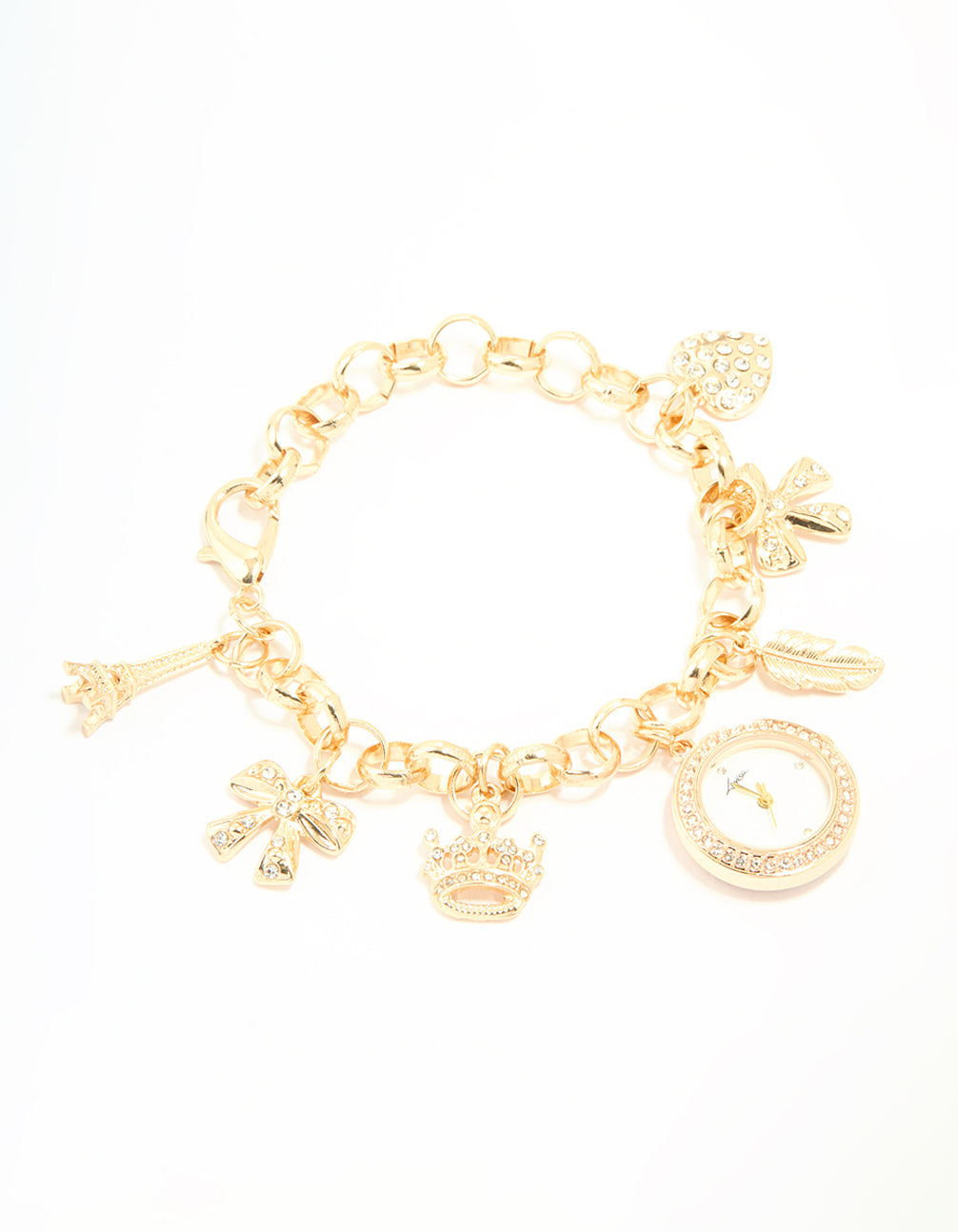 Showcasing a gold diamante and feather charm bracelet with bow, heart, cubic zirconia, clear stone dial, round shape, women's casual analog watch with link band strap front view