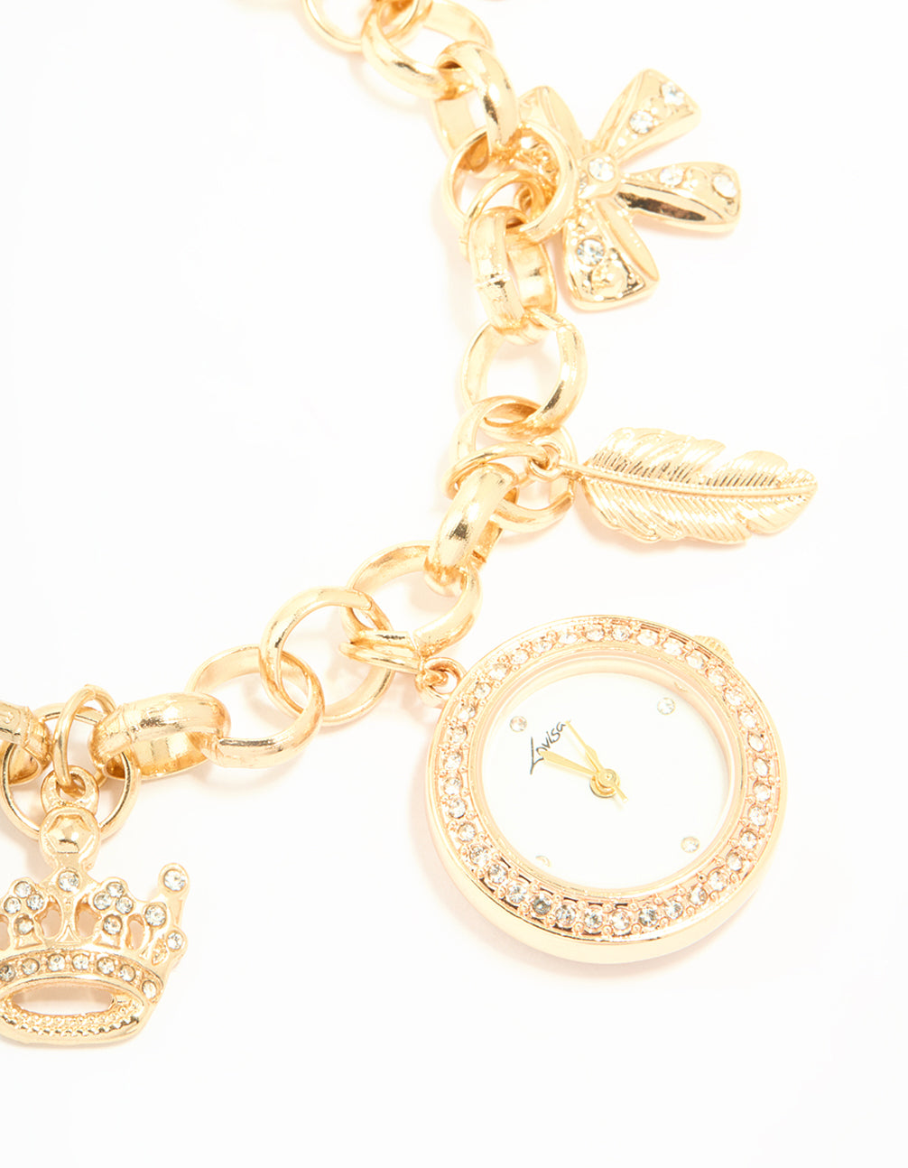 Elegant gold diamante and feather charm bracelet with bow, heart, cubic zirconia, clear stone dial, round shape, women's casual analog watch with link band strap watch face detail view