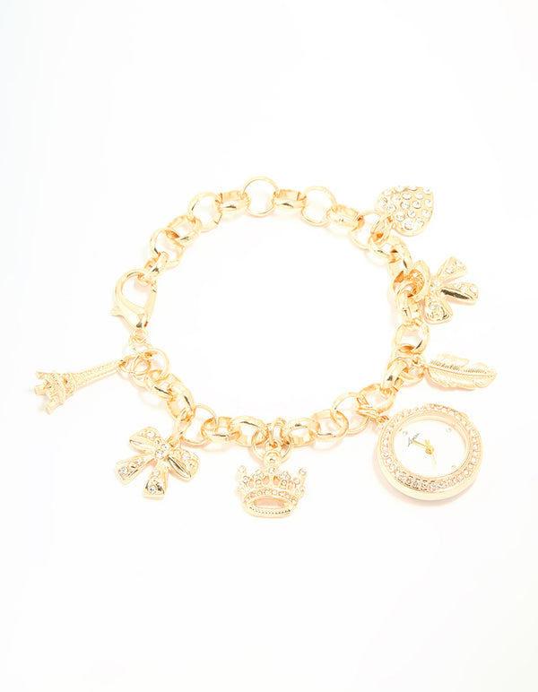 Gold Diamante Watch & Feather Charm Bracelet