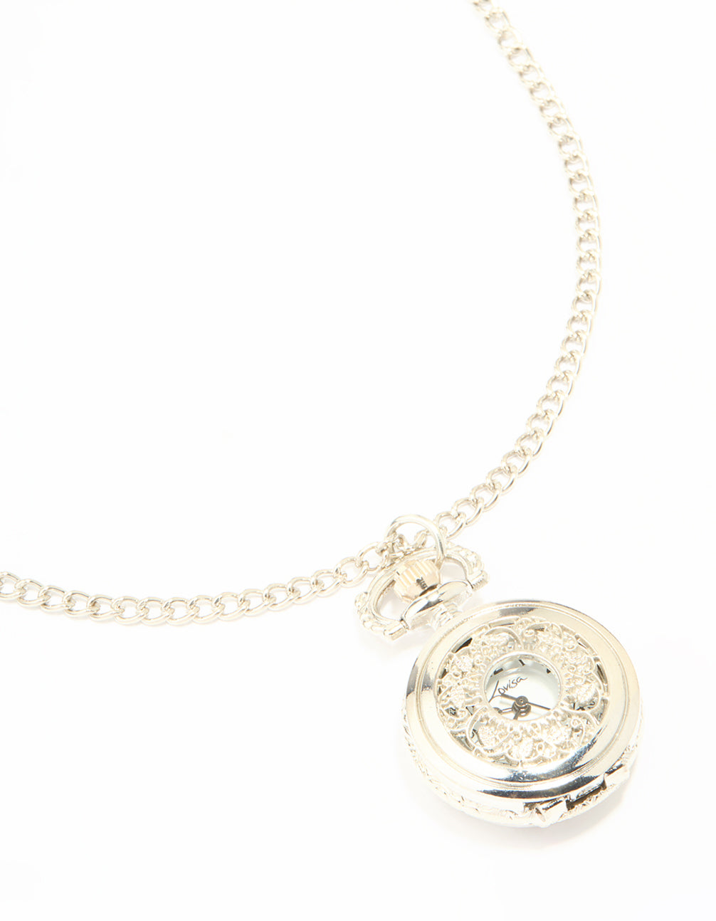 Discover this silver vintage pocket watch necklace featuring round dial displaying numbers on a white dial for women's casual wear close up view