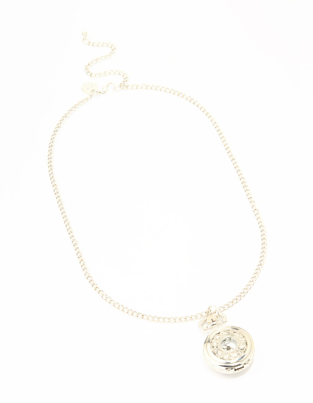 Stunning silver vintage pocket watch necklace, round white dial with numbers, analog face for women's casual wear front view