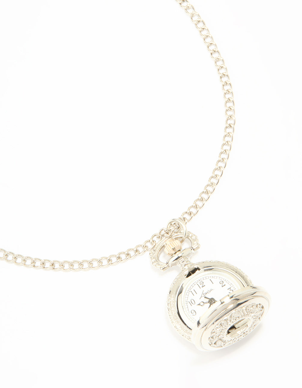 Discover this silver vintage pocket watch necklace featuring round dial displaying numbers on a white dial for women's casual wear close up view