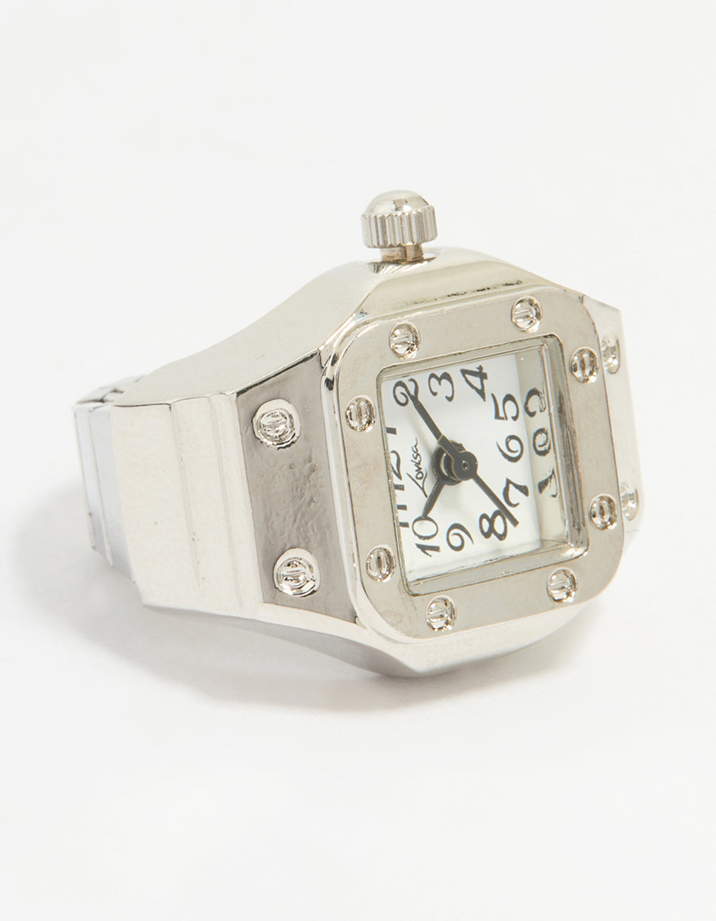 Showcasing a vintage rectangle watch ring, featuring numbers on a white dial, women's casual analog timepiece in watch face detail view