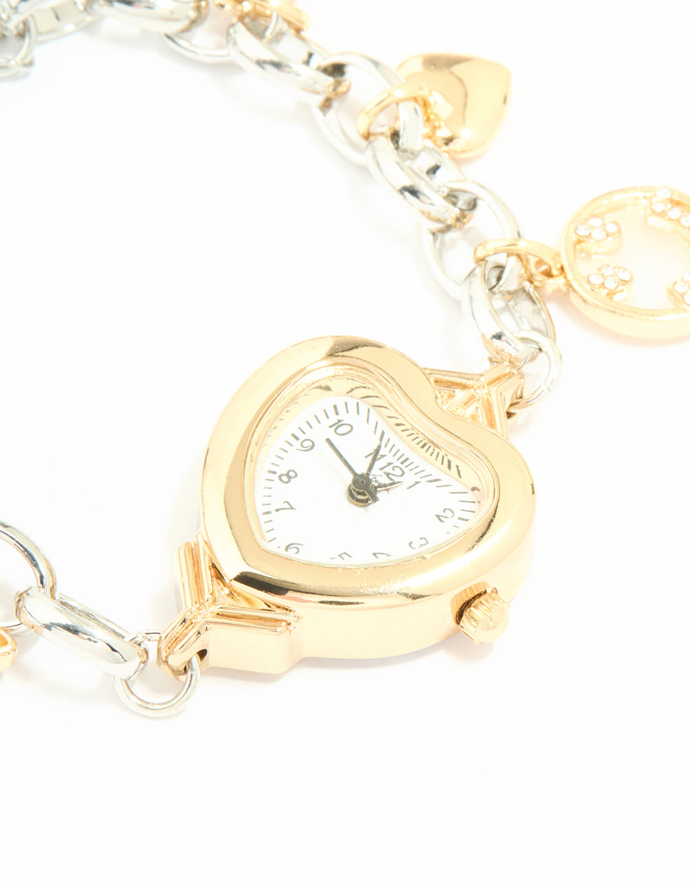 Featuring a mixed metals heart watch and butterfly charm bracelet featuring bear with white dial, number look display, analog movement, link band strap in multi-color, casual occasion design for women, gold and silver tones watch face detail view