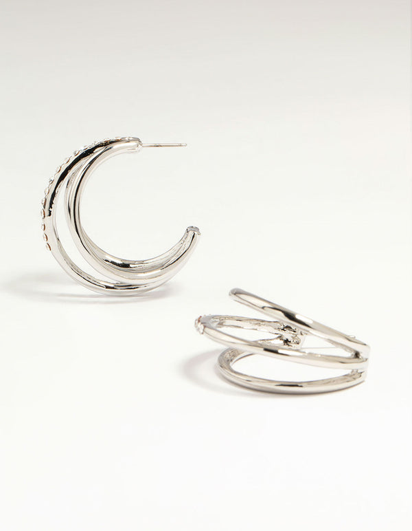 Silver Diamante Triple Hoop Earrings