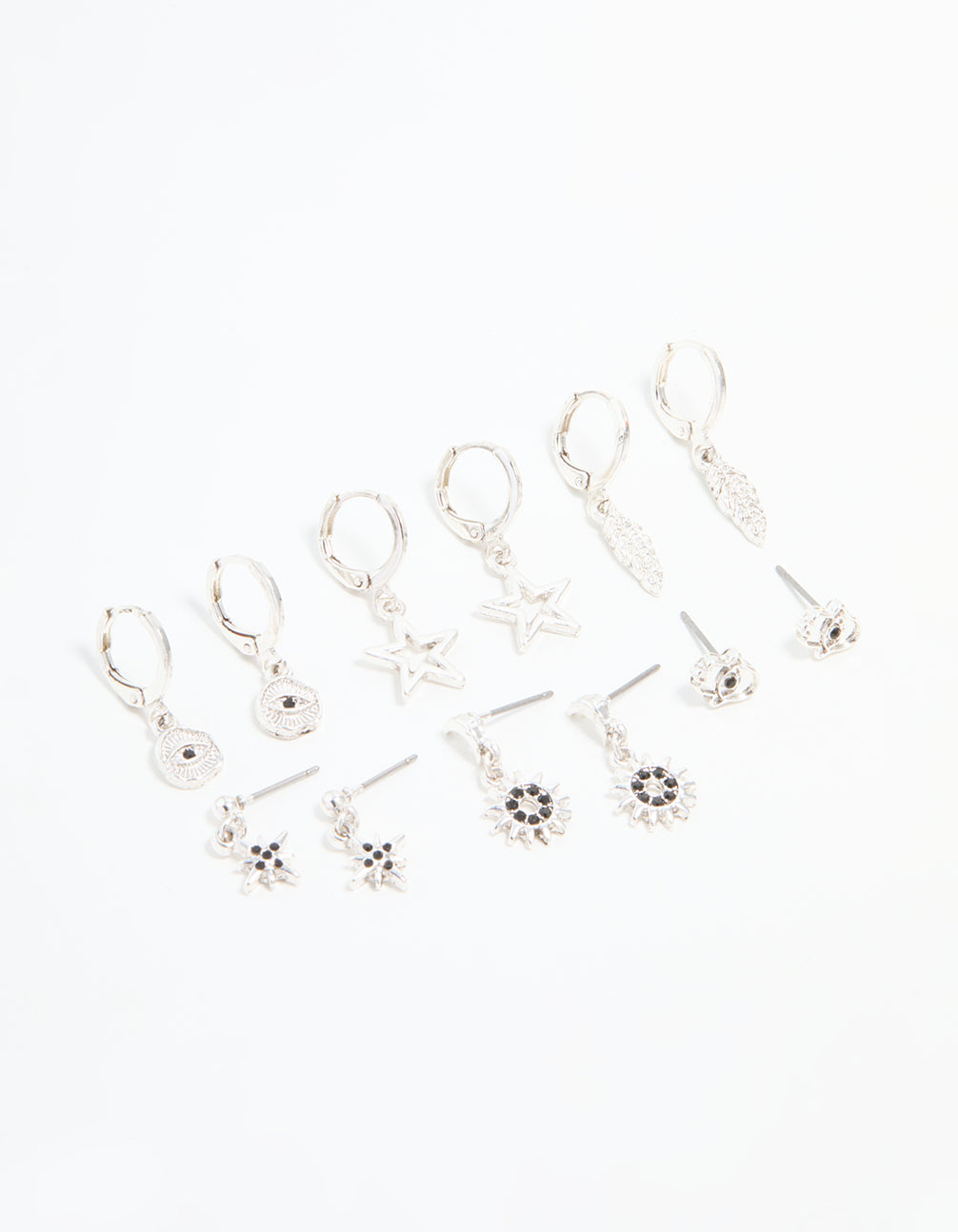 Silver Celestial & Feather Huggie Earrings 6-Pack
