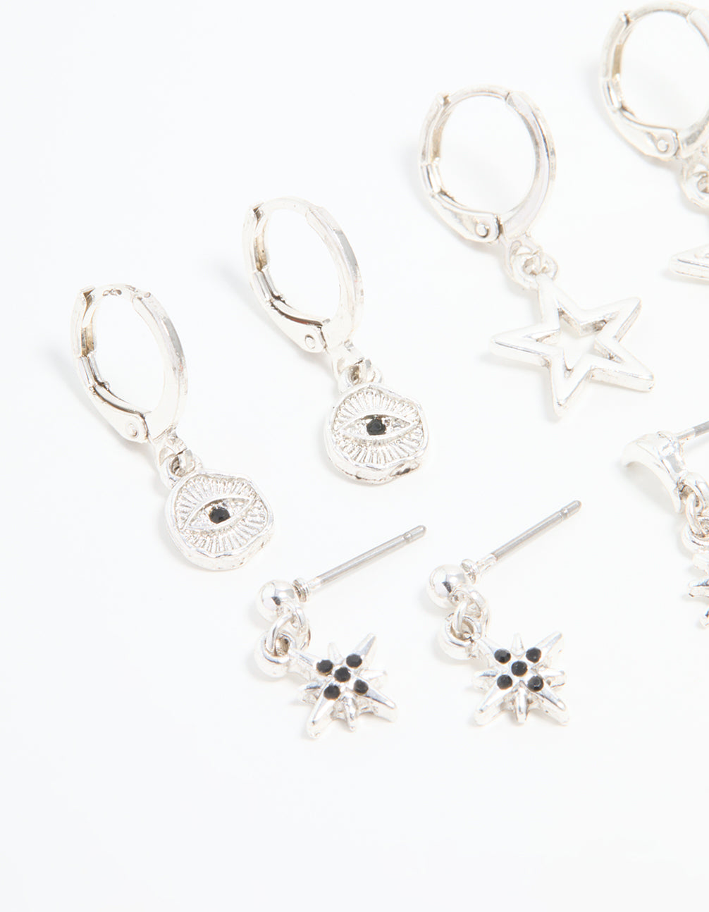 Silver Celestial & Feather Huggie Earrings 6-Pack