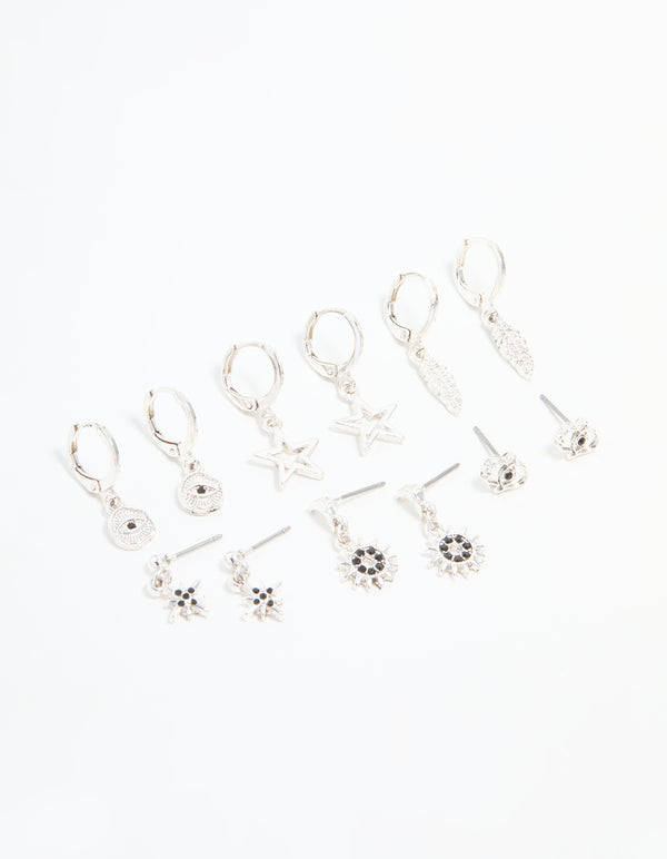 Silver Celestial & Feather Huggie Earrings 6-Pack