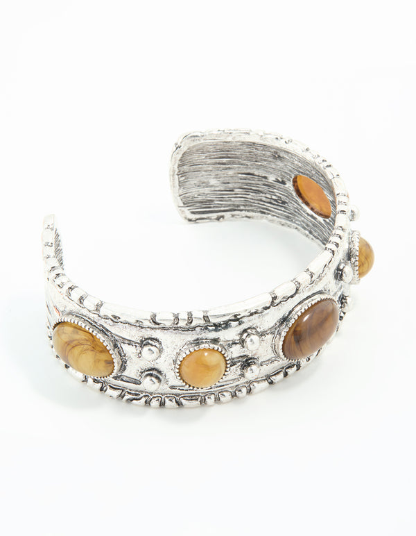 Antique Silver Rustic Stone Cuff Bangle