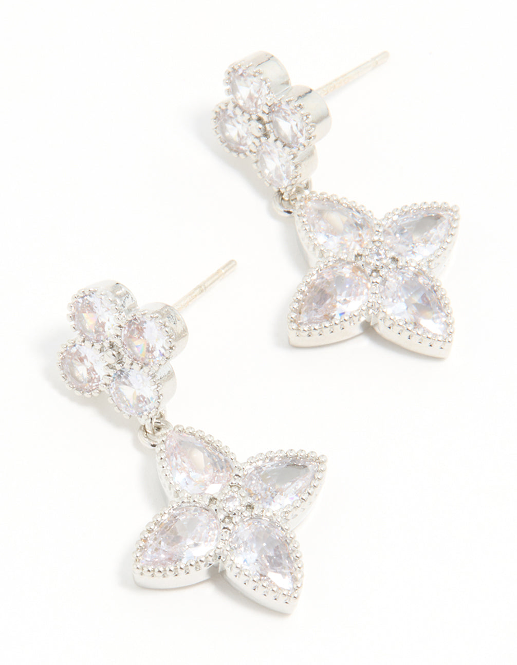Silver Cubic Zirconia Double Flower Drop Earrings