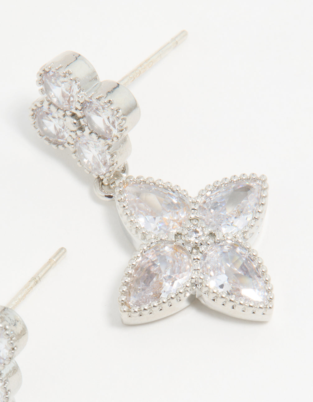 Silver Cubic Zirconia Double Flower Drop Earrings