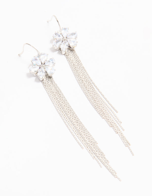Silver Cubic Zirconia Flower Drop Earrings