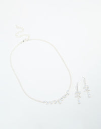 Silver Cubic Zirconia Navette Leaf Necklace & Earrings Set - link has visual effect only
