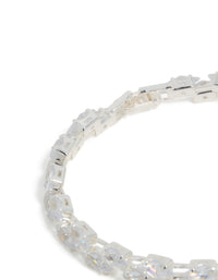 Showcasing a cubic zirconia navette tennis bracelet in silver with statement style with closure detail view - link has visual effect only