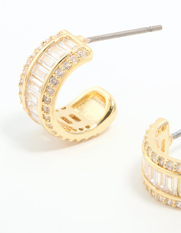 Gold Plated Cubic Zirconia Baguette Small Hoop Earrings