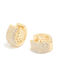 Elegant medium huggie earrings crafted from gold plated material featuring cubic zirconia pavé in gold front view - link has visual effect only