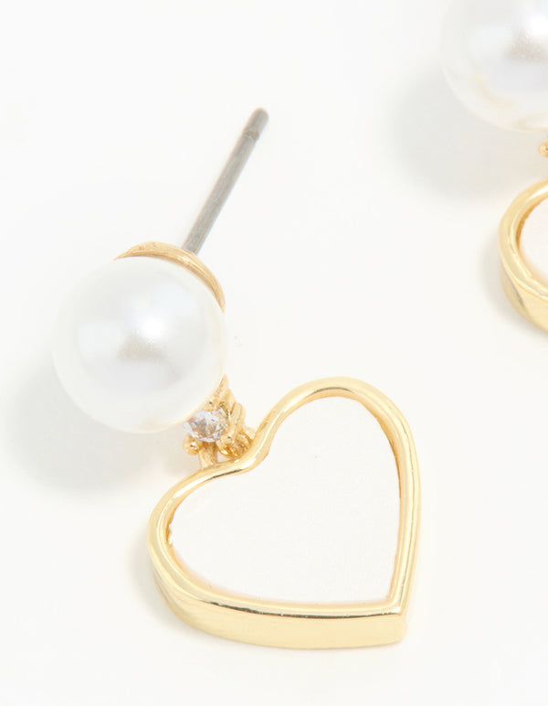 Gold Plated Pearl Catseye Heart Drop Earrings