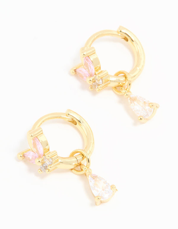 Gold Plated Pink Cubic Zirconia Butterfly Drop Huggie Earrings
