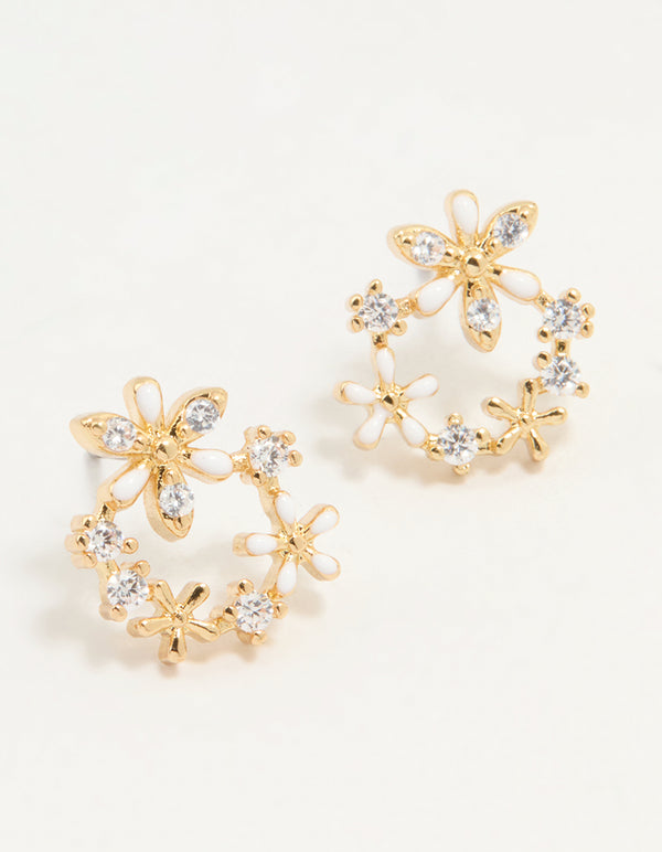 Gold Plated Cubic Zirconia Flower Wreath Stud Earrings