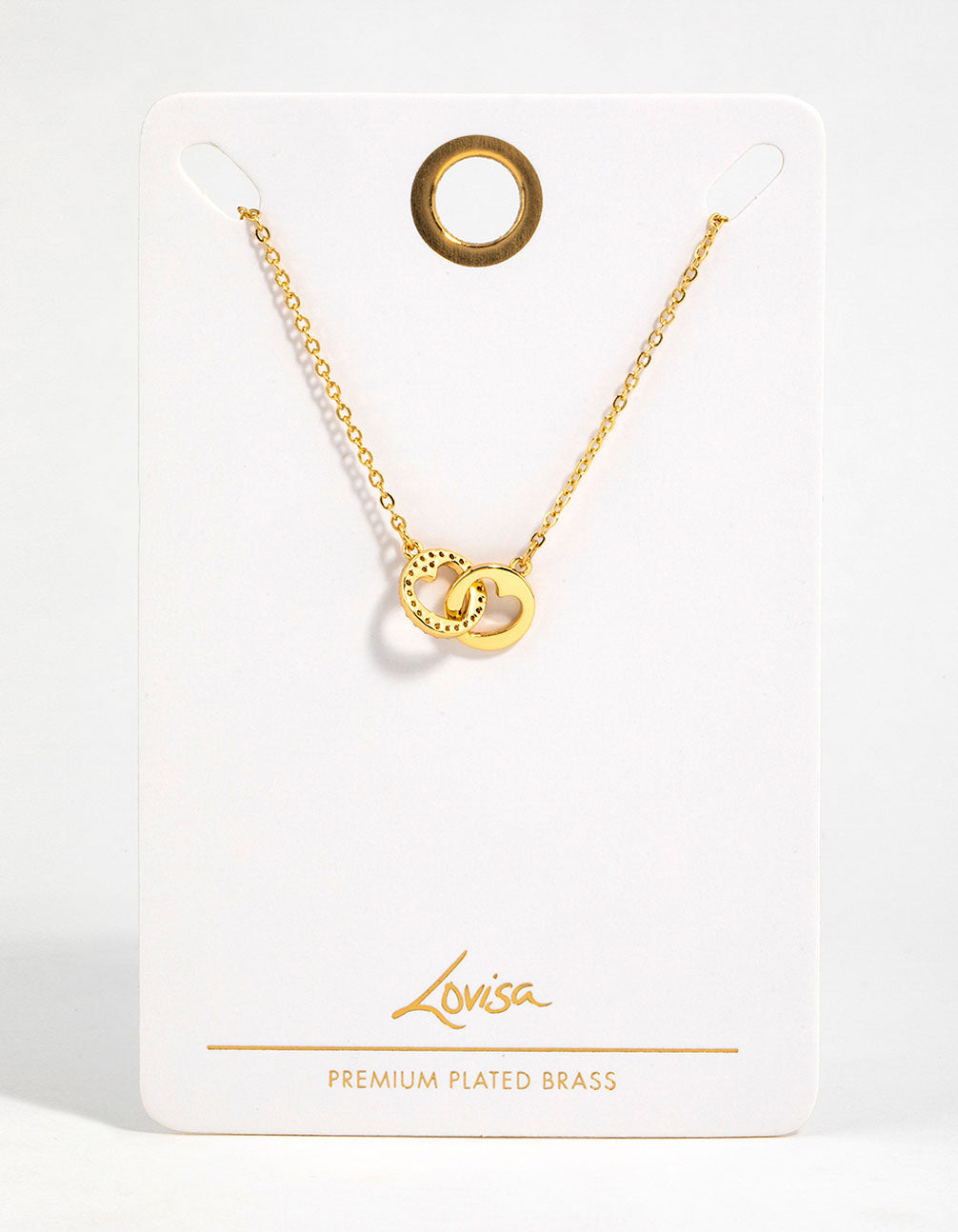 Gold Plated Brass Cubic Zirconia Double Heart Link Pendant Necklace
