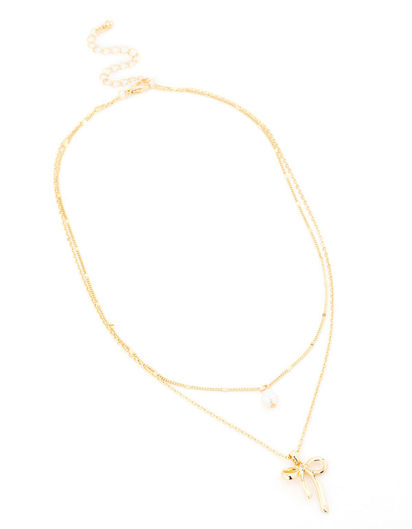 Gold Plated Brass Freshwater Pearl & Bow Layered Necklace