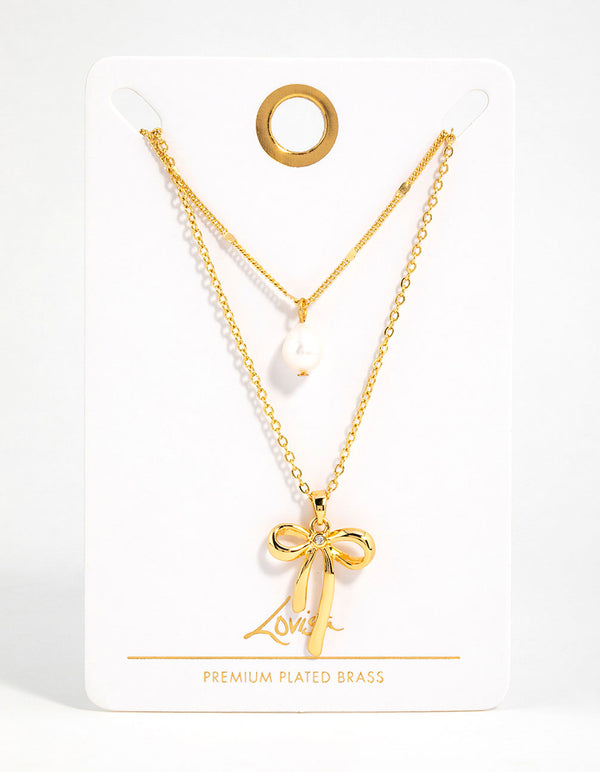 Gold Plated Brass Freshwater Pearl & Bow Layered Necklace