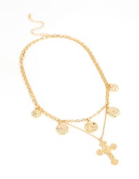 Gold Plated Cross & Coin Layered Necklace - link has visual effect only