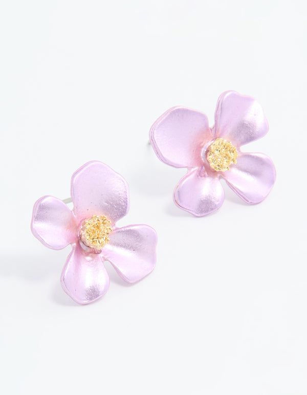 Gold Pink Pearlised Flower Stud Earrings