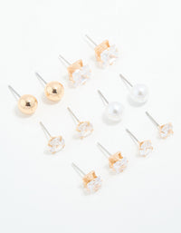 Gold Cubic Zirconia & Pearl Mixed Stud Earrings 6-Pack - link has visual effect only