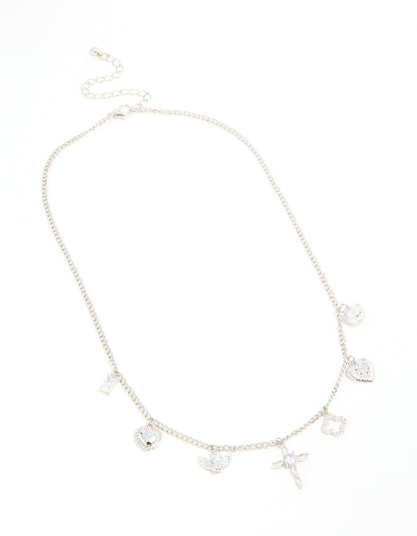Silver Cubic Zirconia Cross & Heart Charm Necklace