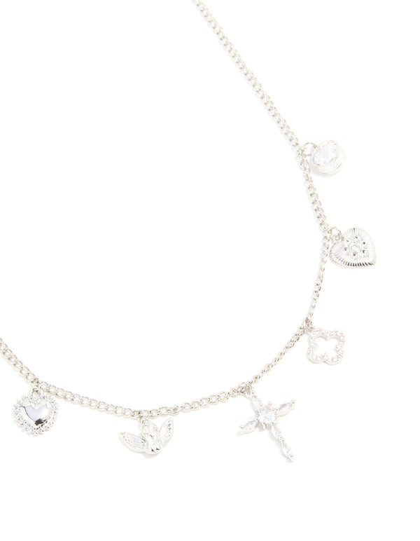 Silver Cubic Zirconia Cross & Heart Charm Necklace