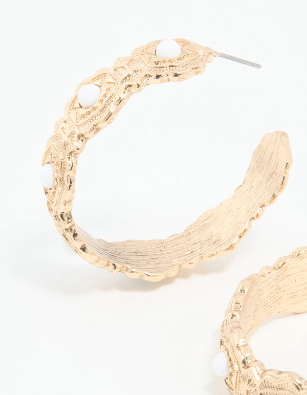 Gold Pearl Textured Hoop Earrings