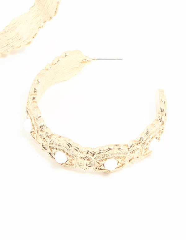 Gold Pearl Textured Hoop Earrings