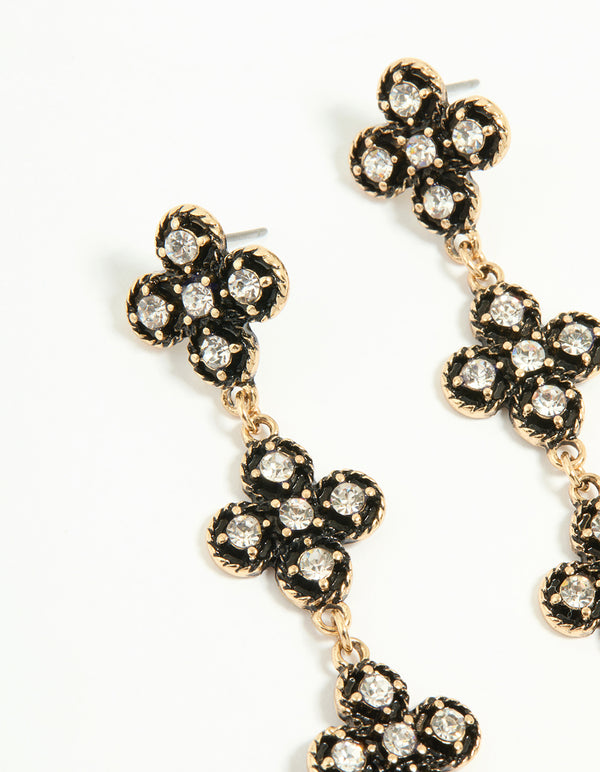 Antique Gold Diamante Black Flower Drop Earrings