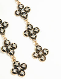 Antique Gold Diamante Black Flower Drop Earrings - link has visual effect only