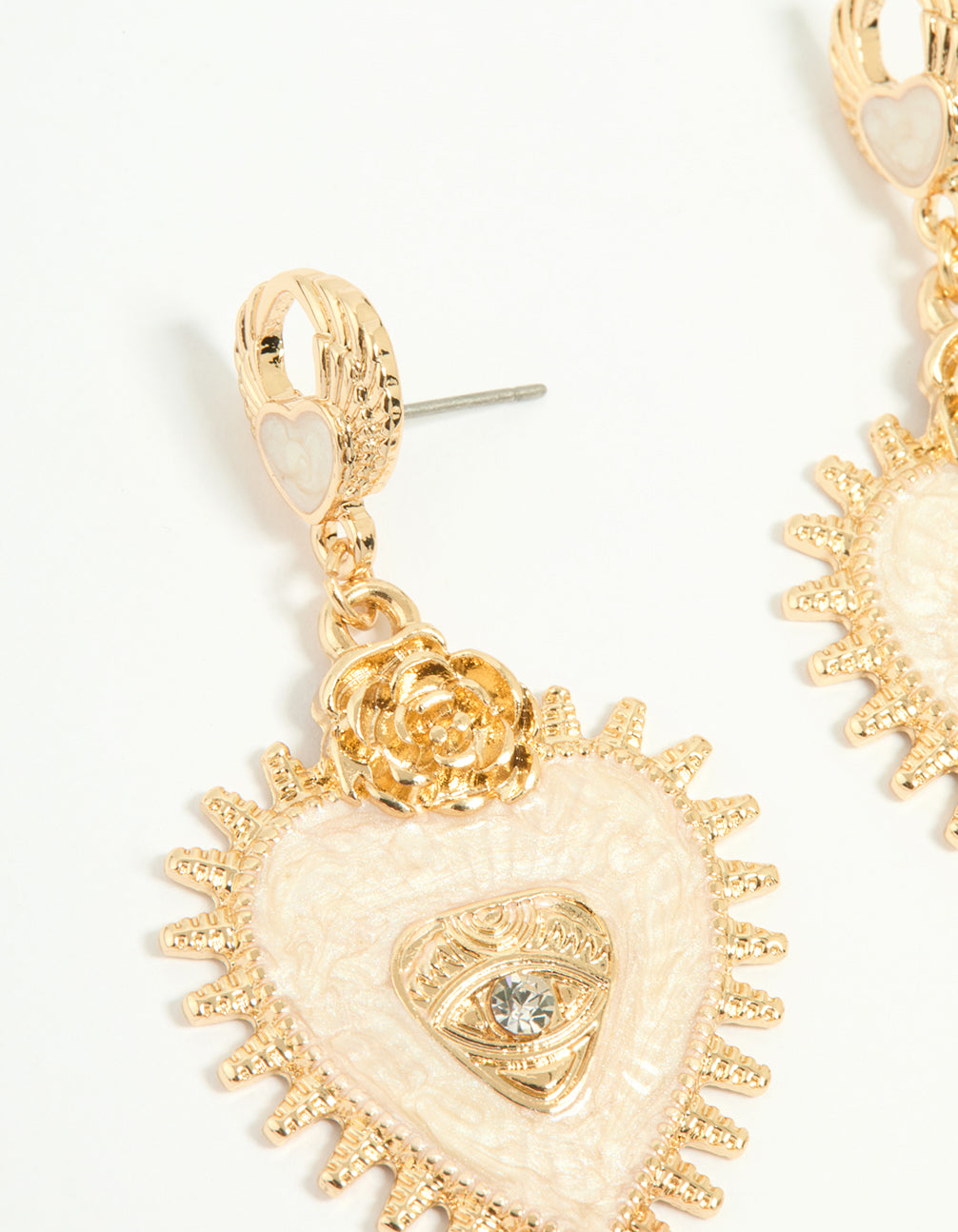 Gold Enamel Heart Rose & Evil Eye Drop Earrings