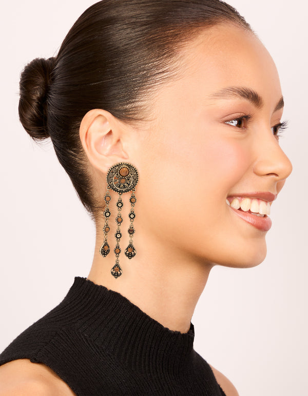 Antique Gold Orange Circle Drop Earrings