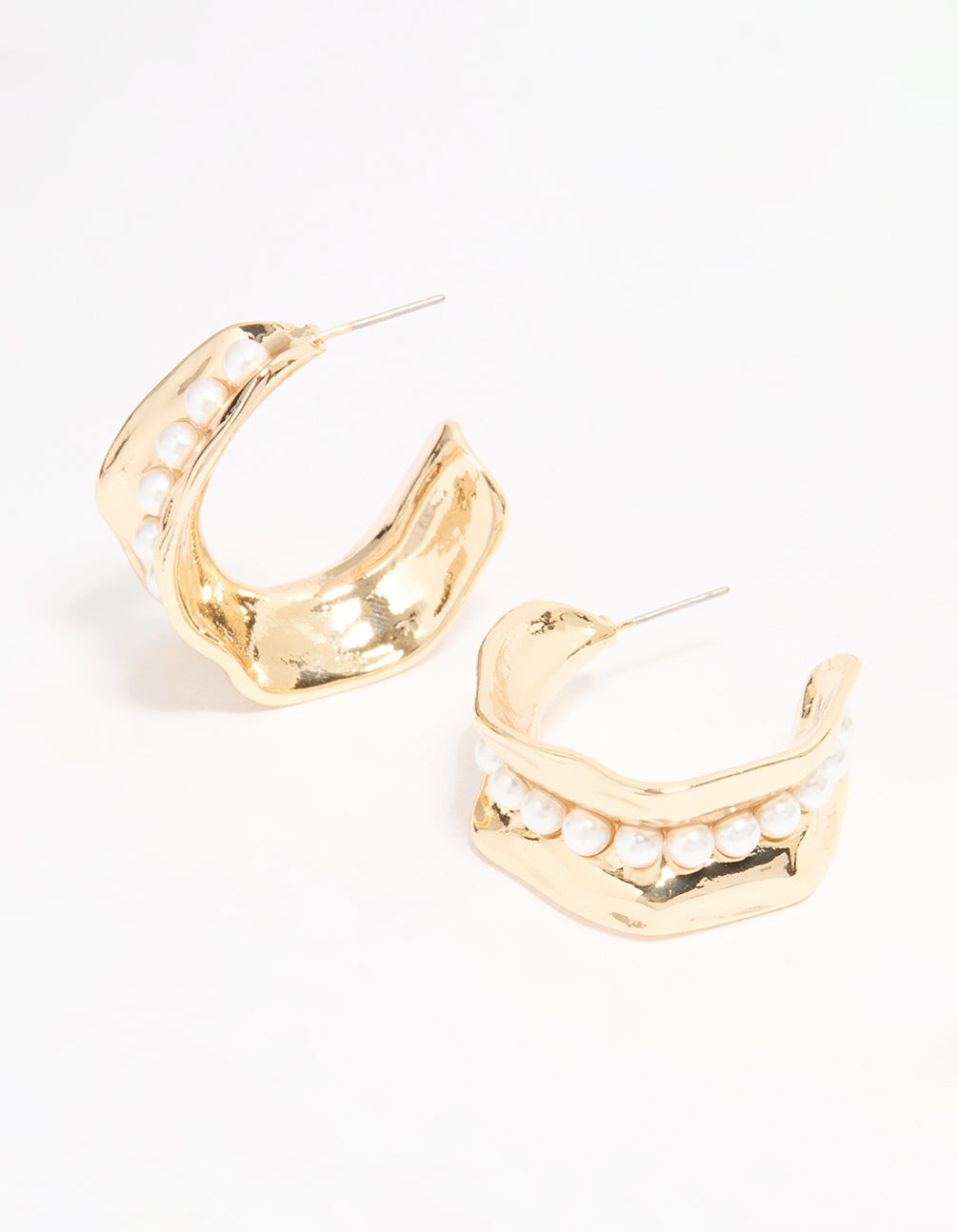 Gold Pearl Molten Thick Hoop Earrings
