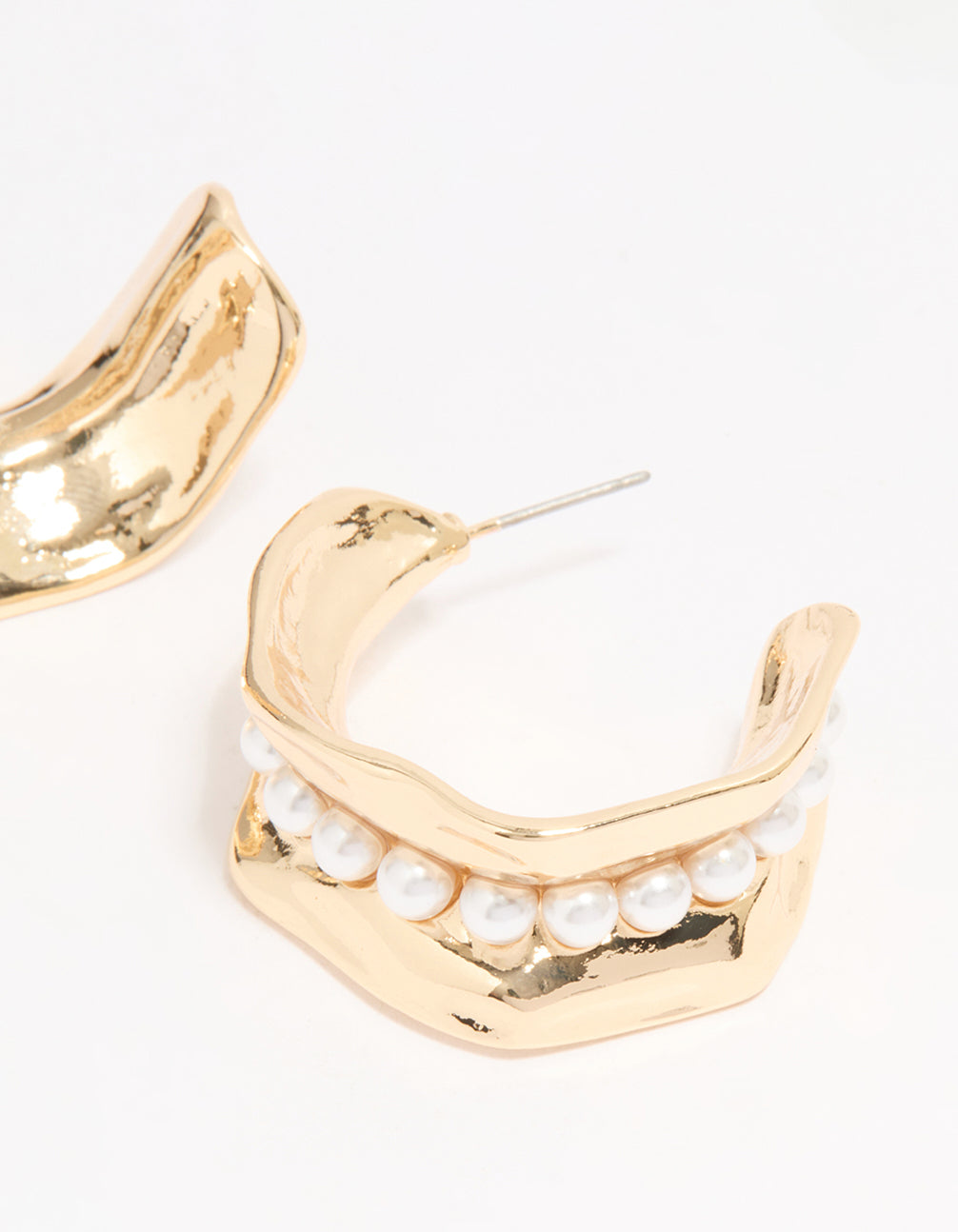 Gold Pearl Molten Thick Hoop Earrings