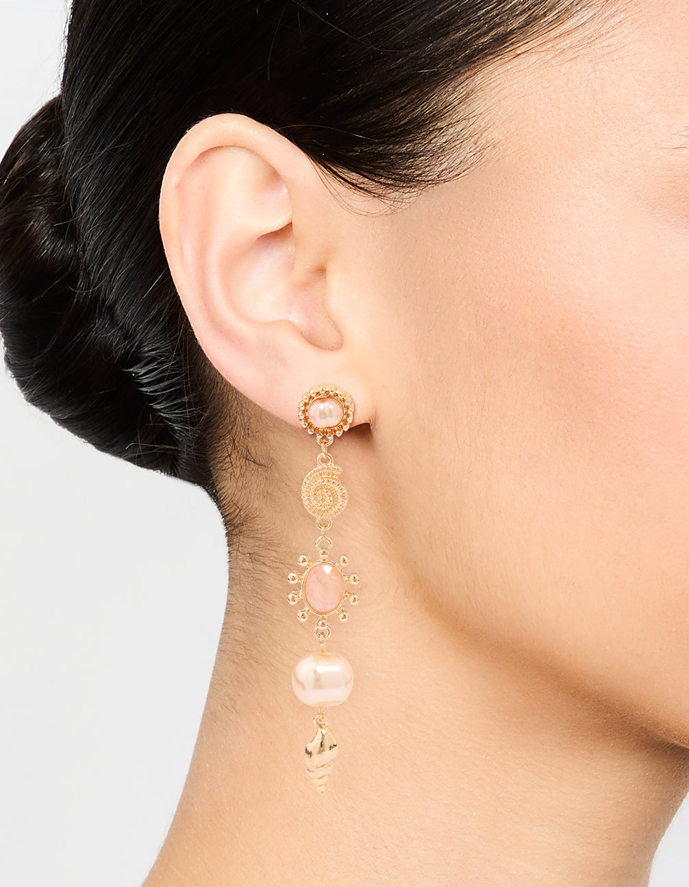 Gold Pearl & Pink Stone Drop Earrings