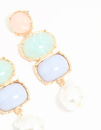 Gold Pearl Pink, Green & Blue Stone Drop Earrings - link has visual effect only