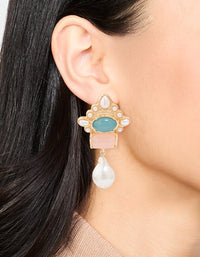 Gold Pearl Pink & Blue Stone Drop Earrings - link has visual effect only