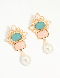 Gold Pearl Pink & Blue Stone Drop Earrings - link has visual effect only