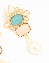 Gold Pearl Pink & Blue Stone Drop Earrings - link has visual effect only