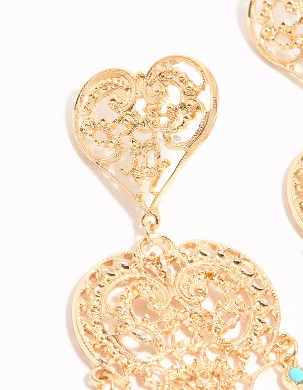 Gold Large Heart Drop Earrings