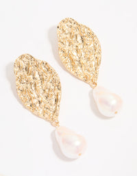 Gold Pearl Hammered Disc Drop Earrings - link has visual effect only