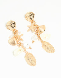Gold Pearl & Ribbed Shall Charm Drop Earrings - link has visual effect only