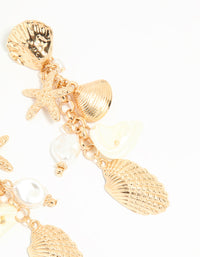 Gold Pearl & Ribbed Shall Charm Drop Earrings - link has visual effect only